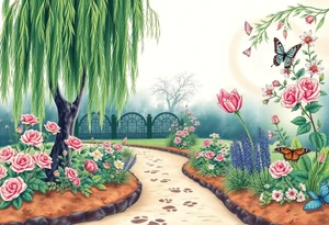 weeping willow garden with roses and liles flower beds. fantasy creatures, fairies, mermiads, dragons butterflies,  cat paw prints path in dirt. tattoo idea