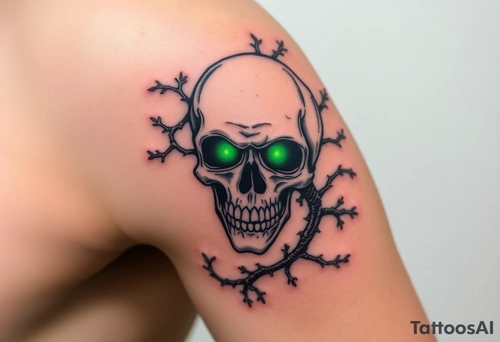 A decayed skull with glowing green eyes, wrapped in thorny vines and graveyard tattoo idea