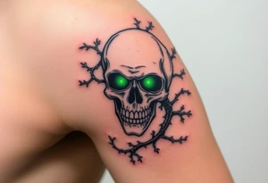 A decayed skull with glowing green eyes, wrapped in thorny vines and graveyard tattoo idea