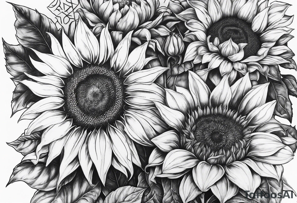Araceli in cursive four sunflowers and shading all around tattoo idea