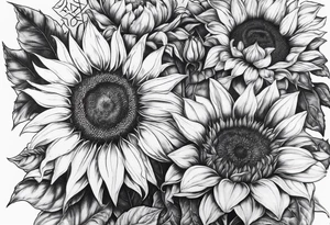 Araceli in cursive four sunflowers and shading all around tattoo idea