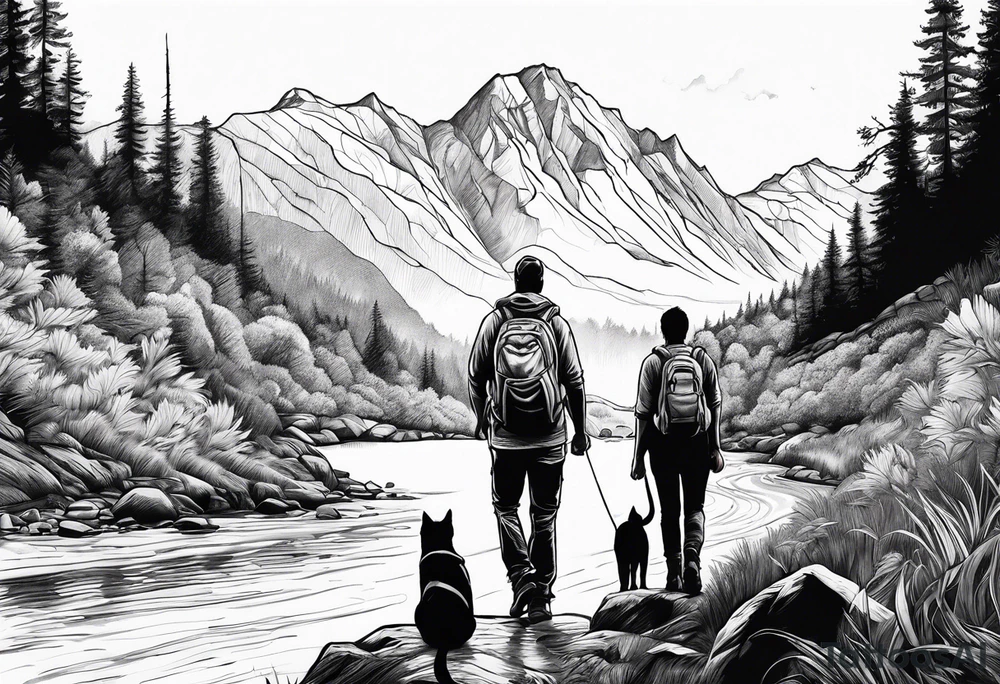 father son hiking with their dog and cat in the mountains, nature, waterfall, rive tattoo idea