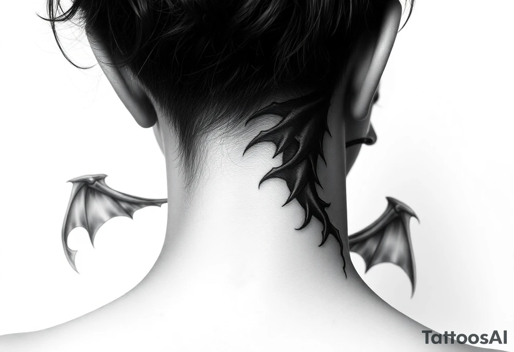 position behind the neck Angel (on the right) whispering in the right ear, demon (on the left) whispering in the left ear. It must be as realistic as possible. tattoo idea
