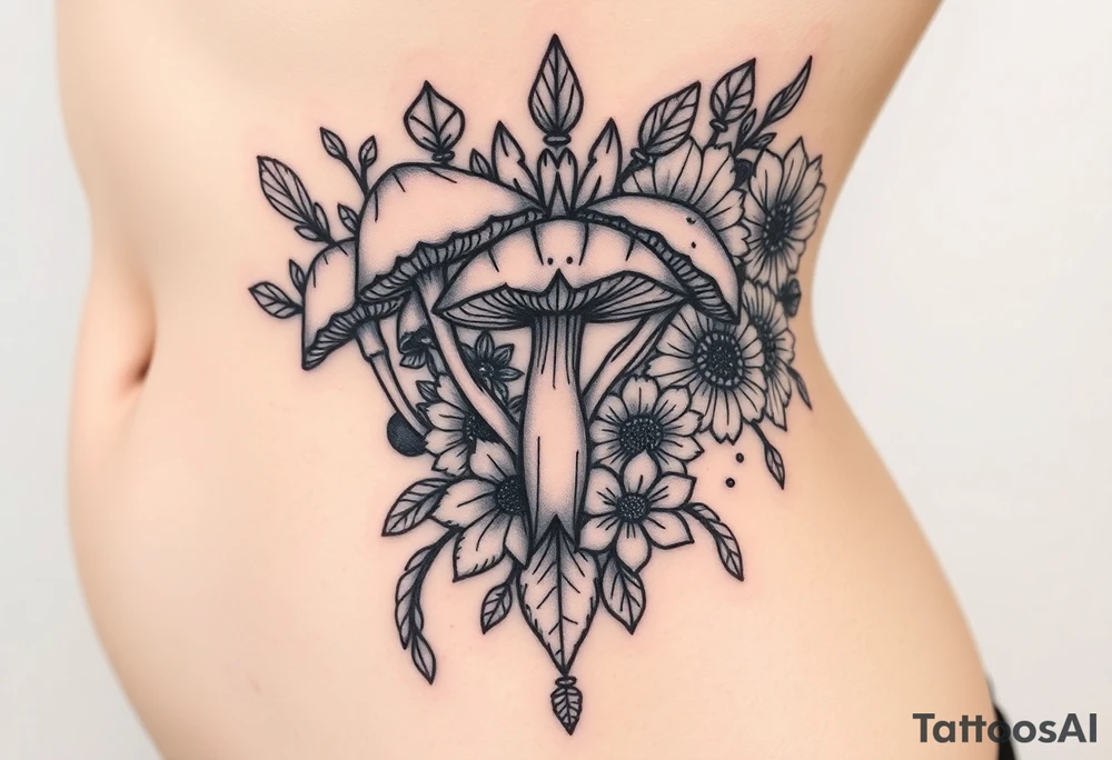 Could you possible make me a nature tattoo with mushrooms crystals  flowers mandala boho but vibrant colorful and psychedelic colorful too that would wrap from front of hip around side to mid back to cover an existing one tattoo idea