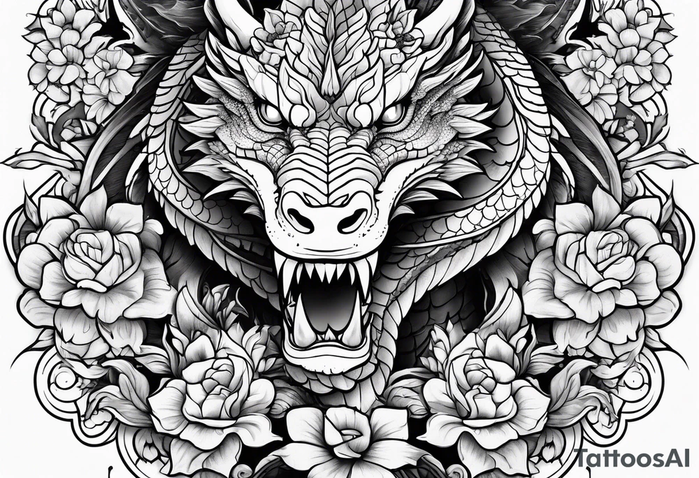 Dragon with flowers tattoo idea
