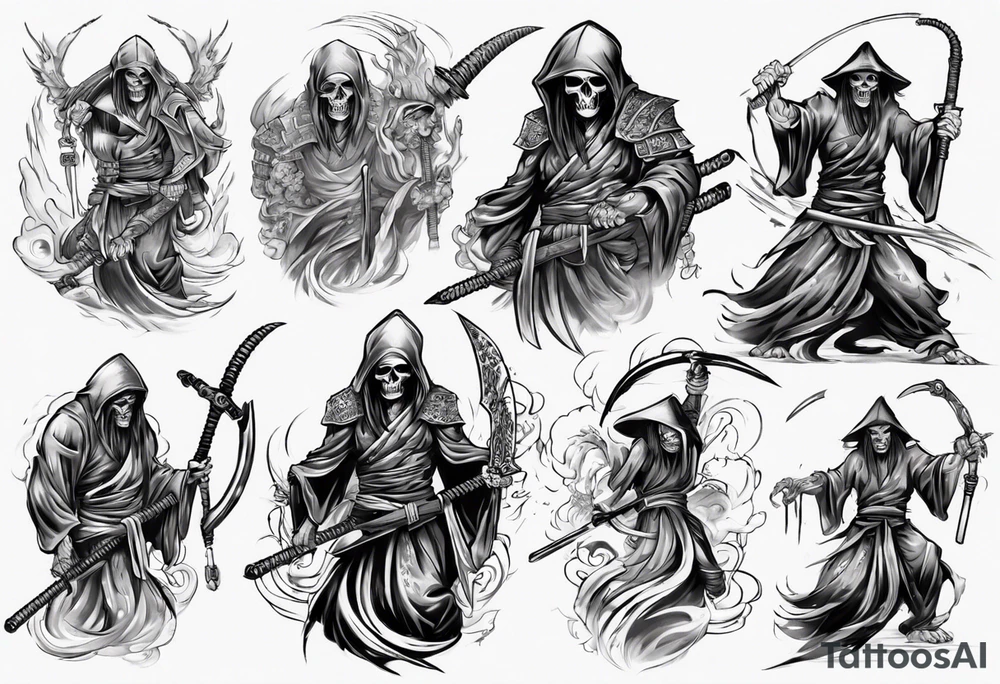 asian warrior who is also a grim reaper tattoo idea