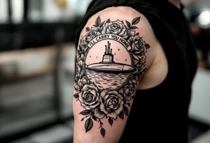 Submarine warfare pin surrounded by roses that says “I’ll carry you home” tattoo idea