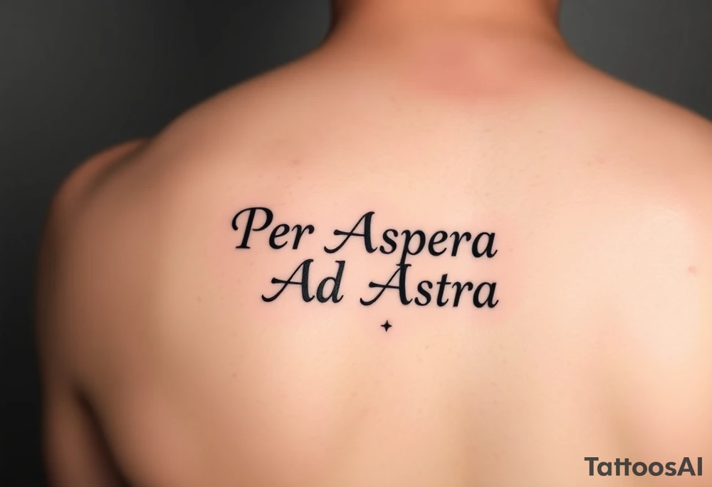 The phrase "Per Aspera Ad Astra" above the knee using Paragone Fancy Aesthetic Serif font. Also add a couple small minor stars at the end of the phrase. Put "Per Aspera" a line above "Ad Astra". And show me how it would look above the knee cap tattoo idea
