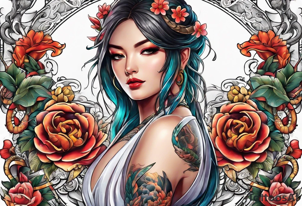 Sword with snake and flowers wrapped around it tattoo idea