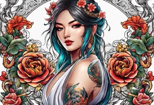 Sword with snake and flowers wrapped around it tattoo idea