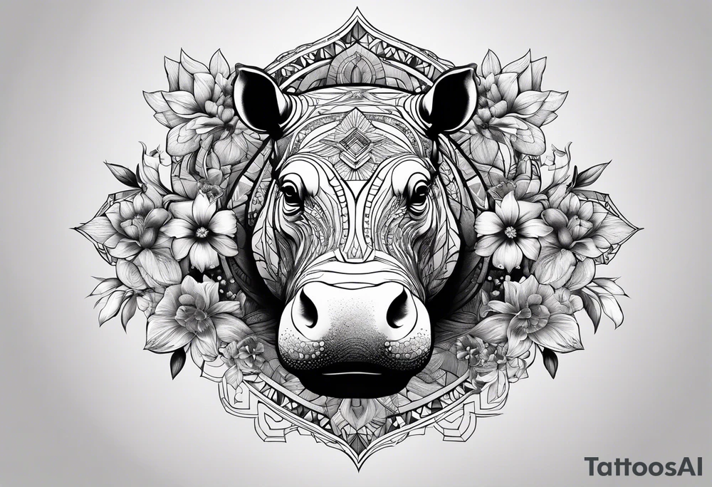 Hippo, flowers, moon, interstella, artic surreal,
Extreme fine lines, tribal, geometric, tattoo idea