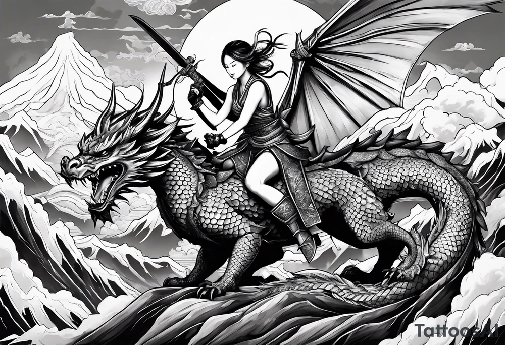 beautiful warrior nymph riding a dragon and the background will be mountains, clouds, and a Japanese building tattoo idea
