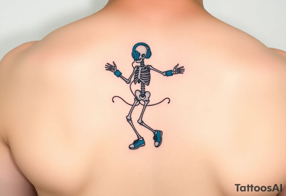 Minimalist young skeleton skipping on a jumping rope with blue headphone blue tennis shoes blue arm bands and music notes tattoo idea