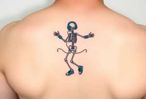 Minimalist young skeleton skipping on a jumping rope with blue headphone blue tennis shoes blue arm bands and music notes tattoo idea