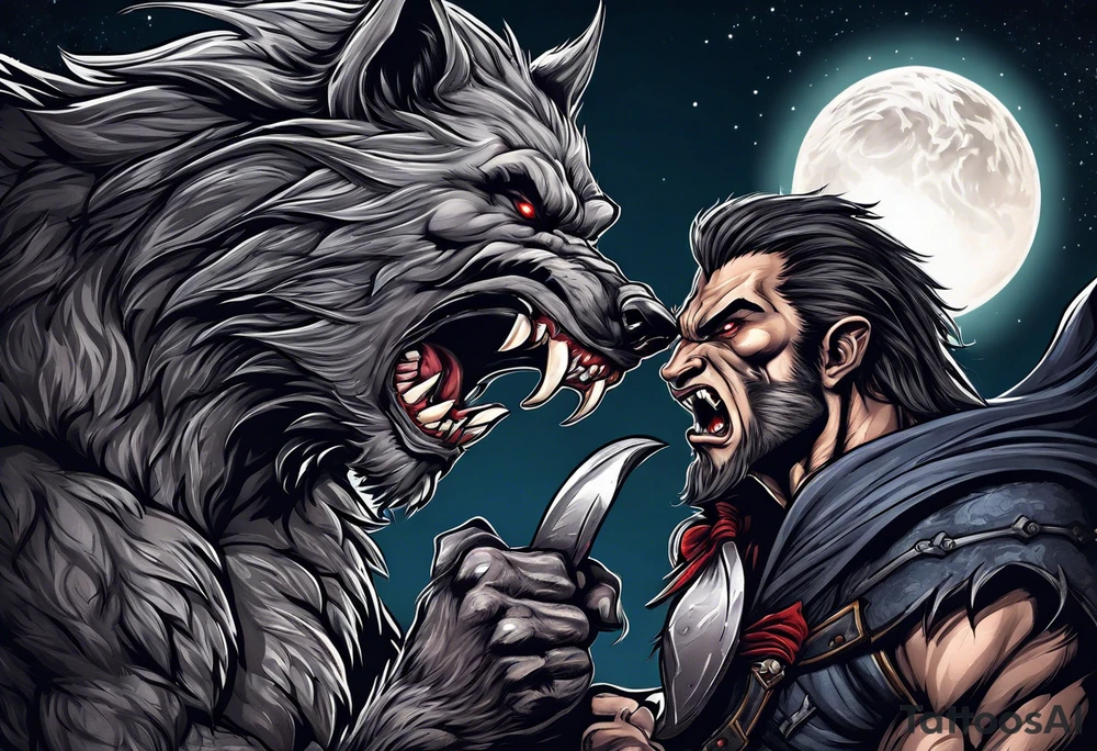 Muscular werewolf fighting a vampire under the moon tattoo idea
