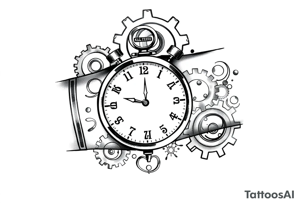 Clocks on arm that show kids birthday with gears as background tattoo idea