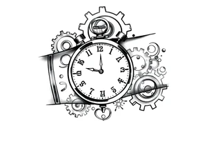 Clocks on arm that show kids birthday with gears as background tattoo idea