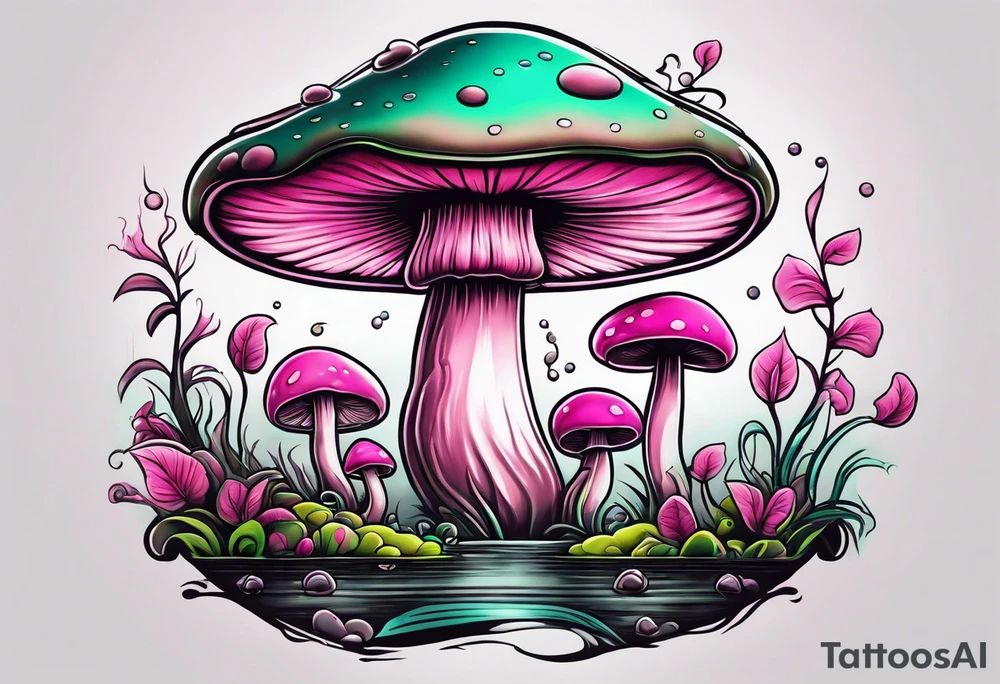 pink and white mushroom with little green alien fishing on top, smoke lingers in the back tattoo idea