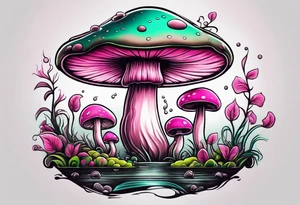 pink and white mushroom with little green alien fishing on top, smoke lingers in the back tattoo idea