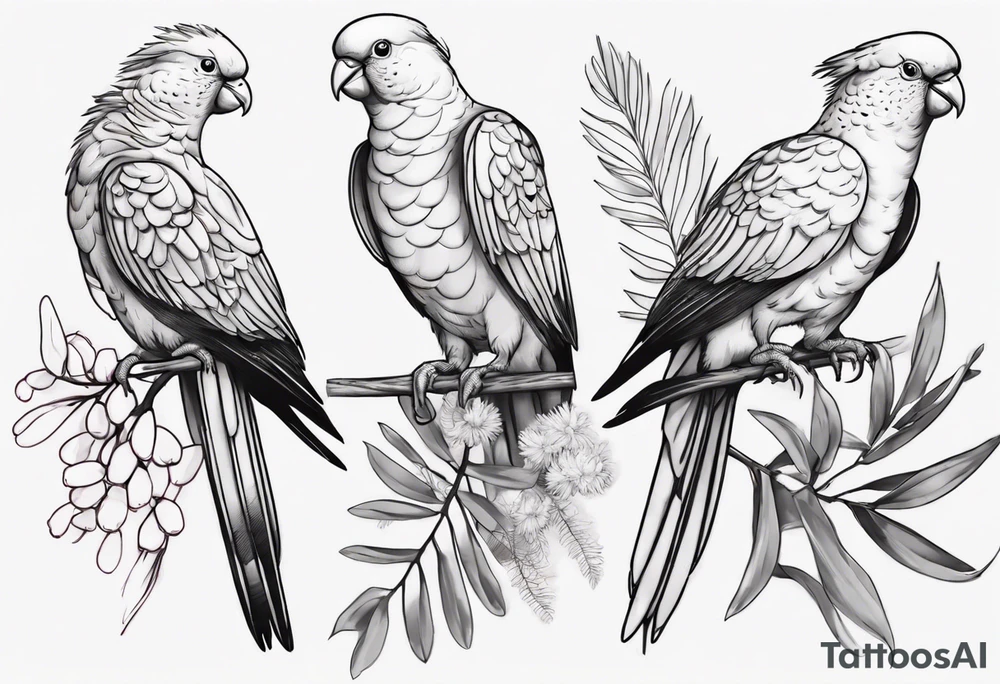 Galahs sitting on wattle and eucalyptus leaves tattoo idea