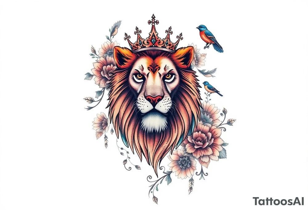 powerful majestic lion with a crown, surrounded by floral ornaments and birds tattoo idea