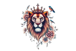 powerful majestic lion with a crown, surrounded by floral ornaments and birds tattoo idea