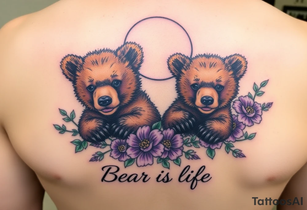 Tattoo, two realsistic baby brown bears, moon, colored carnations and vines, 9-28-14, "Bear is life", purple and green tattoo idea