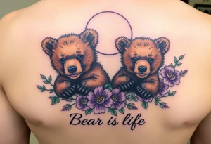 Tattoo, two realsistic baby brown bears, moon, colored carnations and vines, 9-28-14, "Bear is life", purple and green tattoo idea