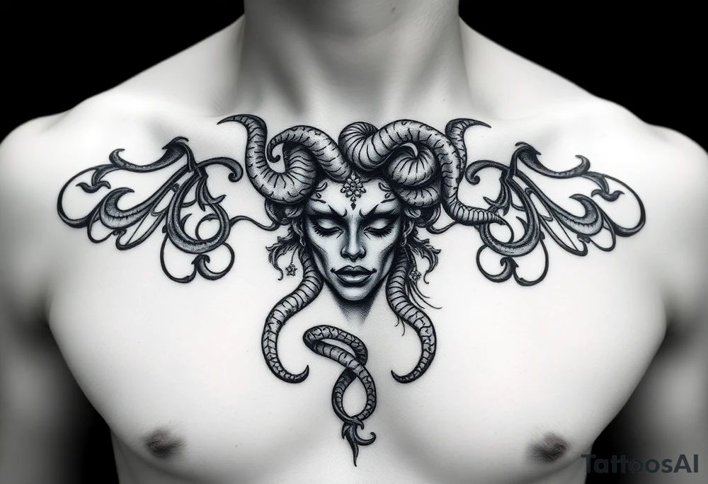 A Beautiful soft feminine sexy Medusa chest peice Black and white with shading tattoo idea