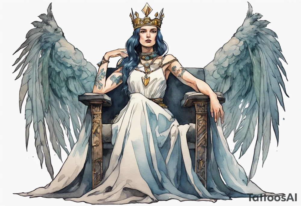 a Visigoth queen wearing a simple iron crown, wearing a feather cloak, sitting on a simple stone throne tattoo idea