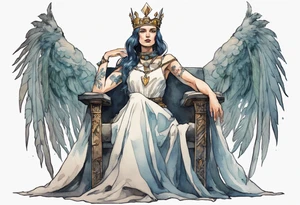 a Visigoth queen wearing a simple iron crown, wearing a feather cloak, sitting on a simple stone throne tattoo idea