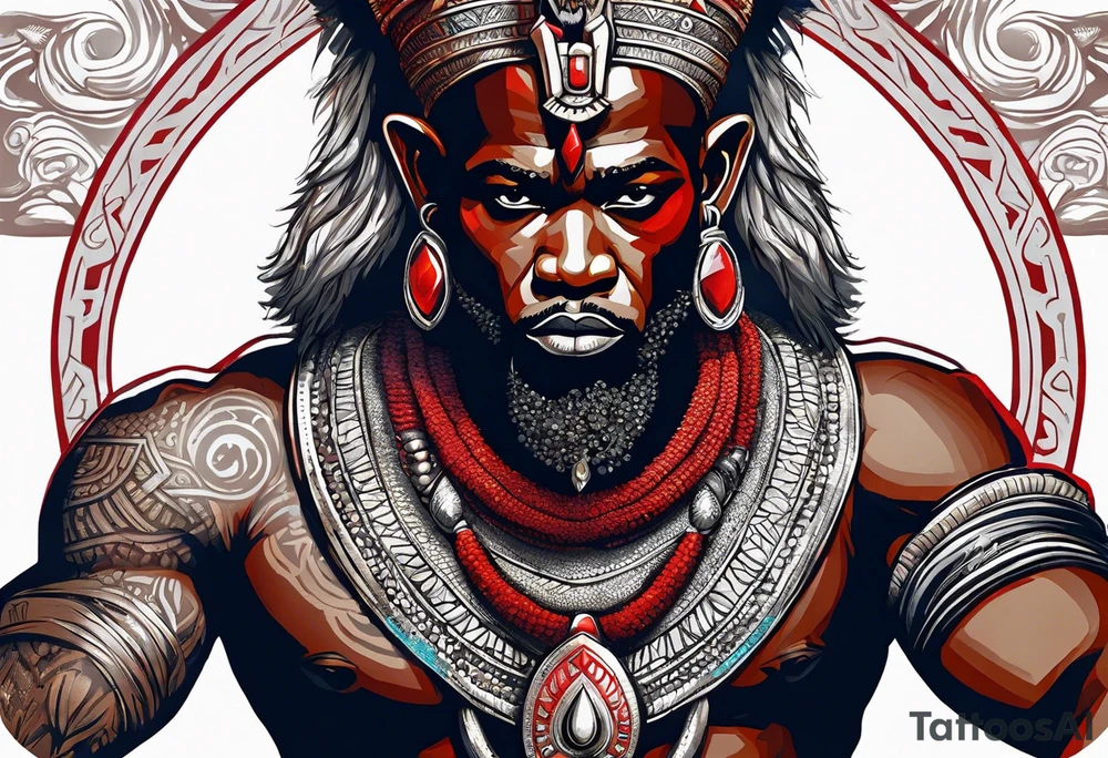 african god of war,  wearing a small silver crown and wearing a red necklace tattoo idea