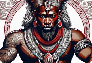 african god of war,  wearing a small silver crown and wearing a red necklace tattoo idea