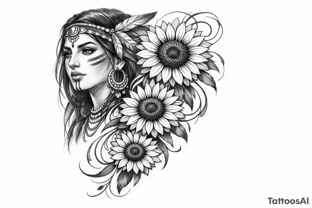 Indian Tribal with 3 cascading sunflowers tattoo idea
