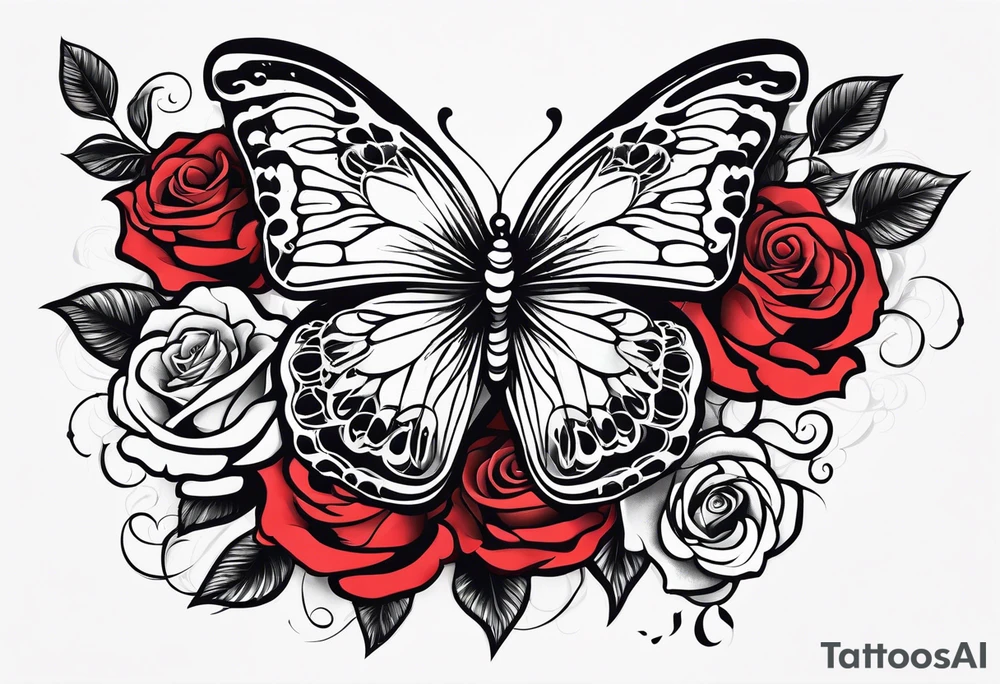 Butterfly flying with roses & filligree tattoo idea