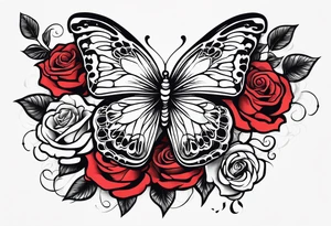 Butterfly flying with roses & filligree tattoo idea