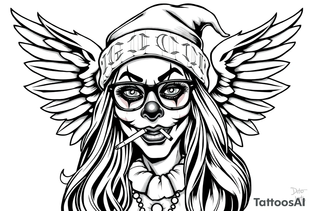 beautiful long hair Clown Girl thug beanie eyeglasses angel wings smoking cigarette tattoo idea