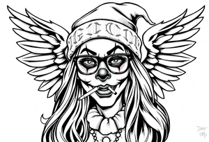 beautiful long hair Clown Girl thug beanie eyeglasses angel wings smoking cigarette tattoo idea
