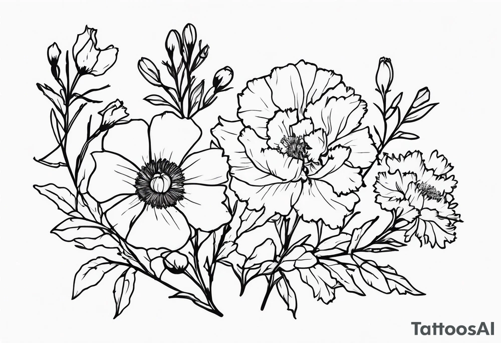 Carnations, aster, daffodil, poppy, hawthorn, larkspur tattoo idea