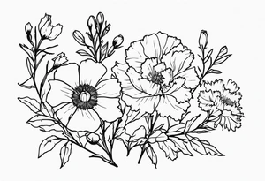 Carnations, aster, daffodil, poppy, hawthorn, larkspur tattoo idea