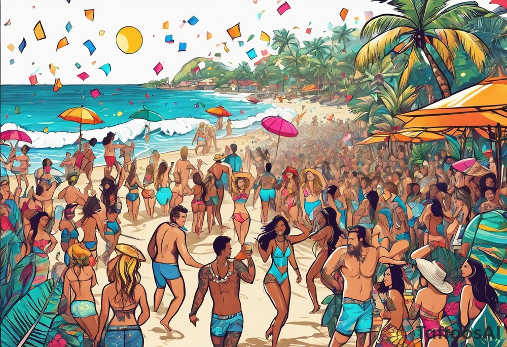 SURFING SAFARI BEACH DANCE 
PARTY WITH CONFETTI AND MUSIC NOTES, TROPICAL DRINKS, SEXY BIKINIS tattoo idea