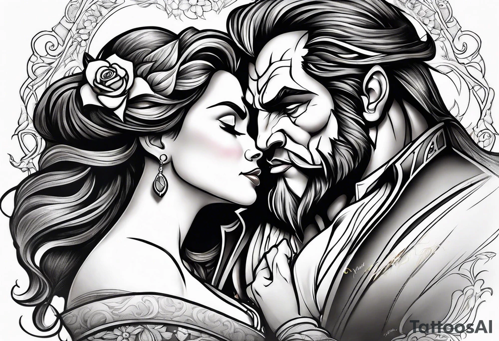 Passionate Beauty and the Beast kiss tattoo idea