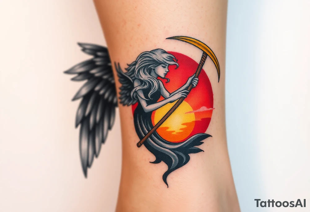 A black-winged angel with flowing silver hair, holding a glowing golden scythe, the background a vibrant mix of red and orange sunset hues. tattoo idea