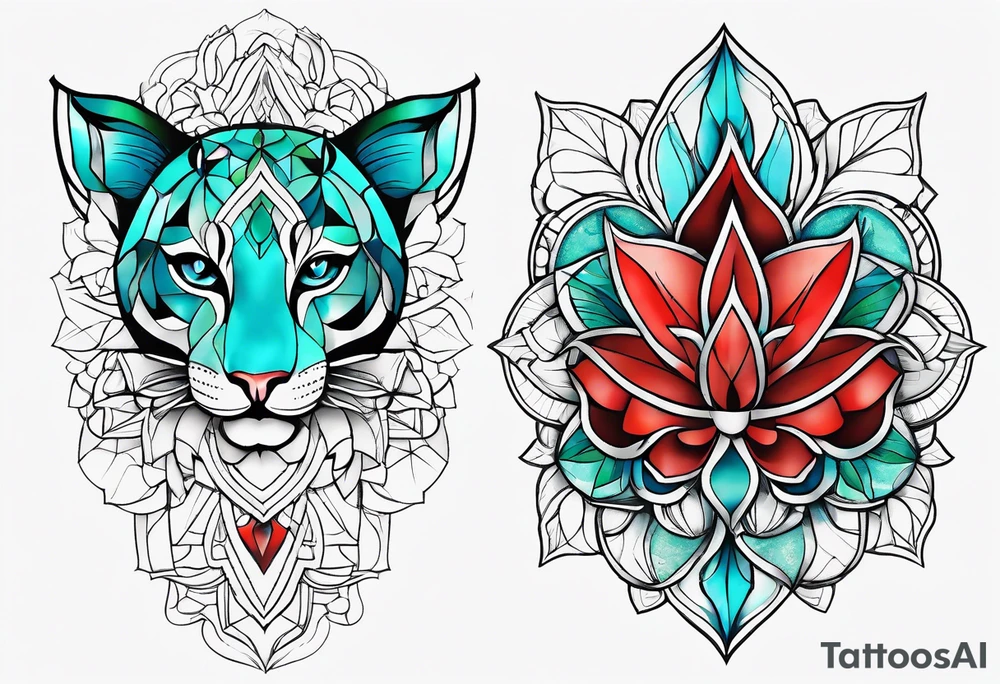 geometric style tattoo on knee with baby blue, red, and green accents. Floral/ocean themed. tattoo idea