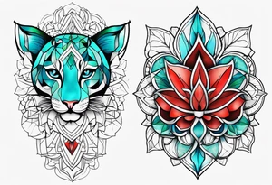 geometric style tattoo on knee with baby blue, red, and green accents. Floral/ocean themed. tattoo idea