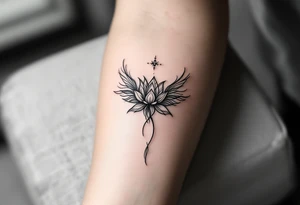 Fine thin lines very small minimalist tattoo combo of phenix and lotus tattoo idea