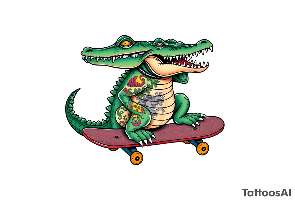 crocodile riding a skateboard with piercings and tattoos tattoo idea