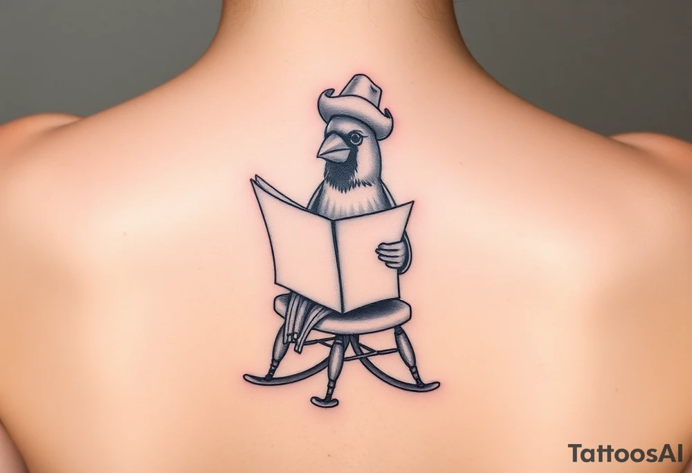 A cardinal wearing a cowboy hat, sitting in a rocking chair reading a newspaper tattoo idea