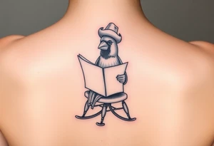 A cardinal wearing a cowboy hat, sitting in a rocking chair reading a newspaper tattoo idea