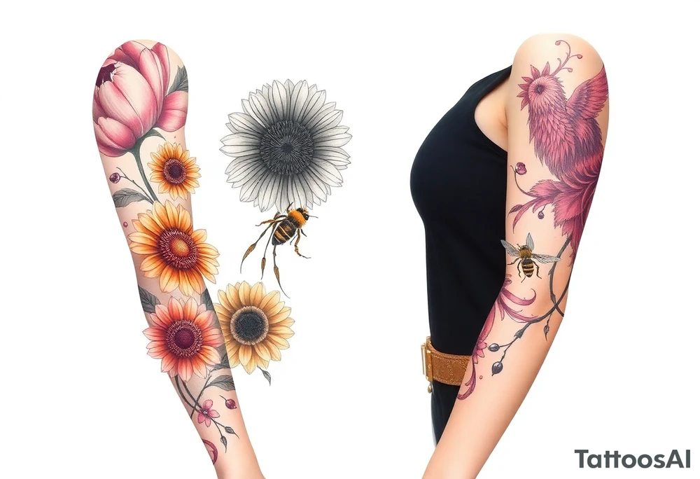 Create a design full sleeve arm tattoo with Tulip 
Sunflower 
Roses 
Bee 
Water 
Fire 
Earth 
Wind 
Phoenix 
Evil eye 
888 tattoo idea